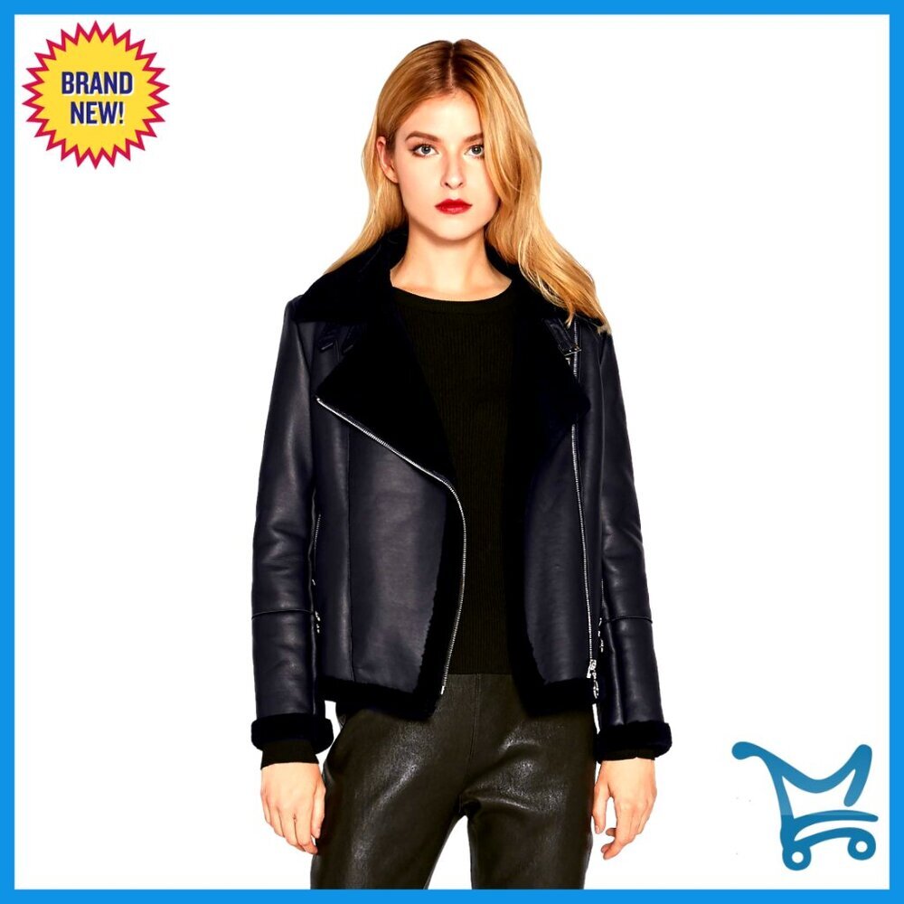 Genuine Lambskin Leather Motorcycle Jacket with Shearling Lining Zip Up